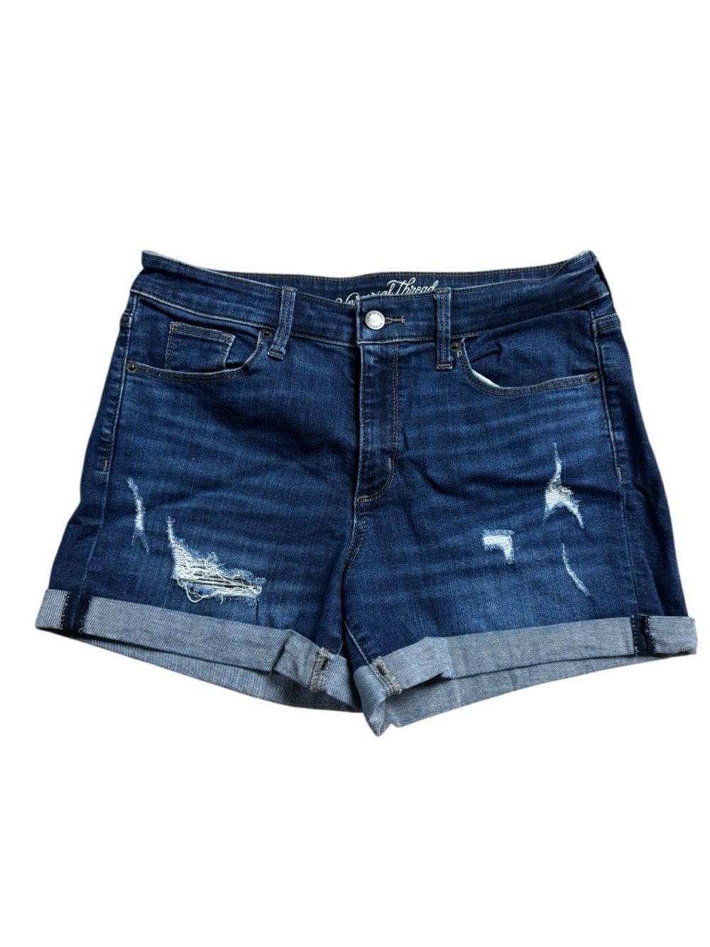 Universal Thread Dark Blue Wash Distressed Denim jeans Shorts size 6/28 hi-rise